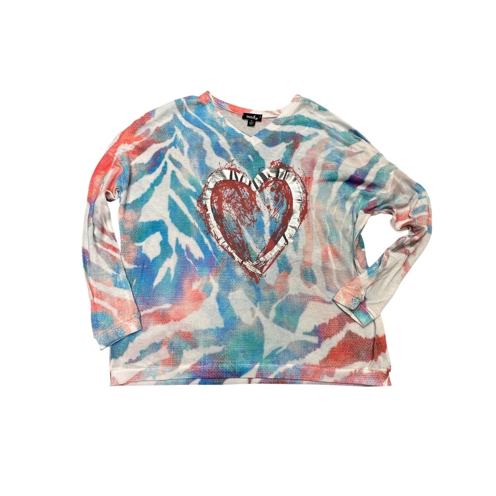 Mod-X Womens XL Tie Dye Heart Graphic Long Sleeve V-Neck Top Made in Italy Boho